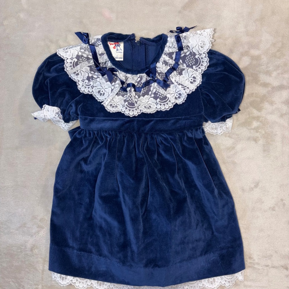 Vintage Good Lad Philadelphia Navy Blue Velvet Lace Collar Dress 2T Made in USA